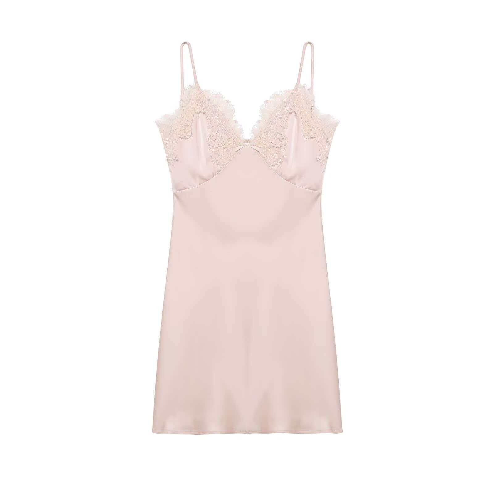 Light Pink Satin Lace V-Neck Sleeveless Slip Nightdress