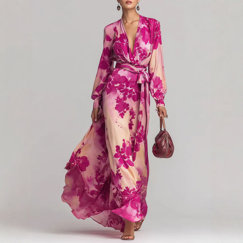Elegant Floral Print Long Sleeve V-Neck Tie Dress