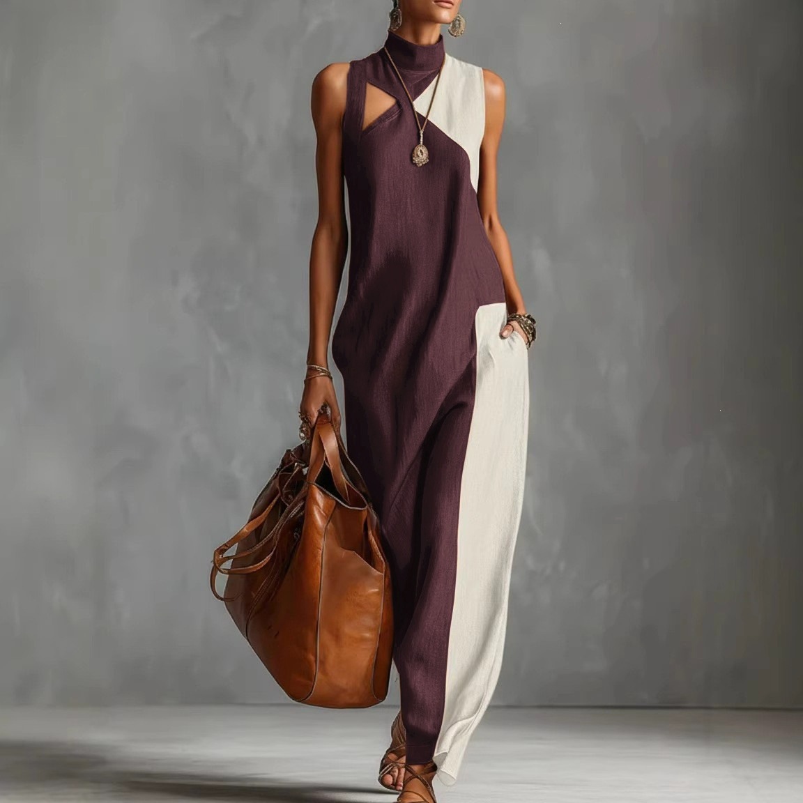 Colorblock Halter Neck Cutout Sleeveless Jumpsuit with Side Pockets