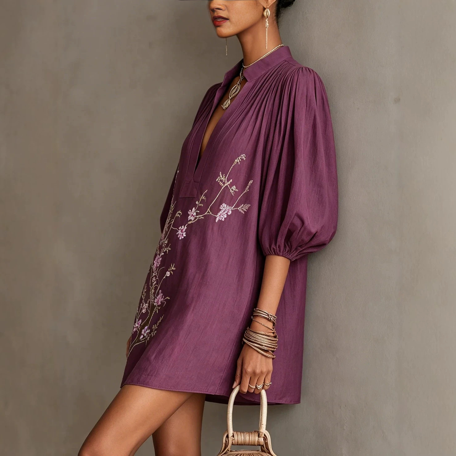 V-Neck Loose Fit Midi Dress with Puff Sleeves and Colorblock Design