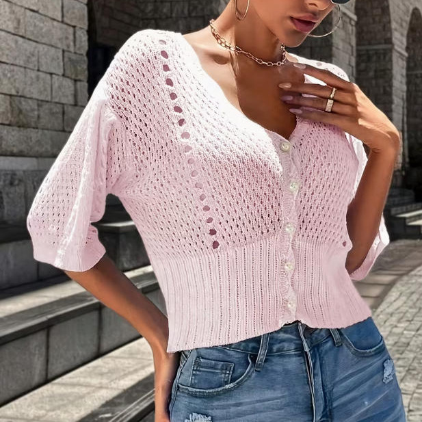 V-Neck Short Sleeve Open Knit Twist Front Casual Cardigan