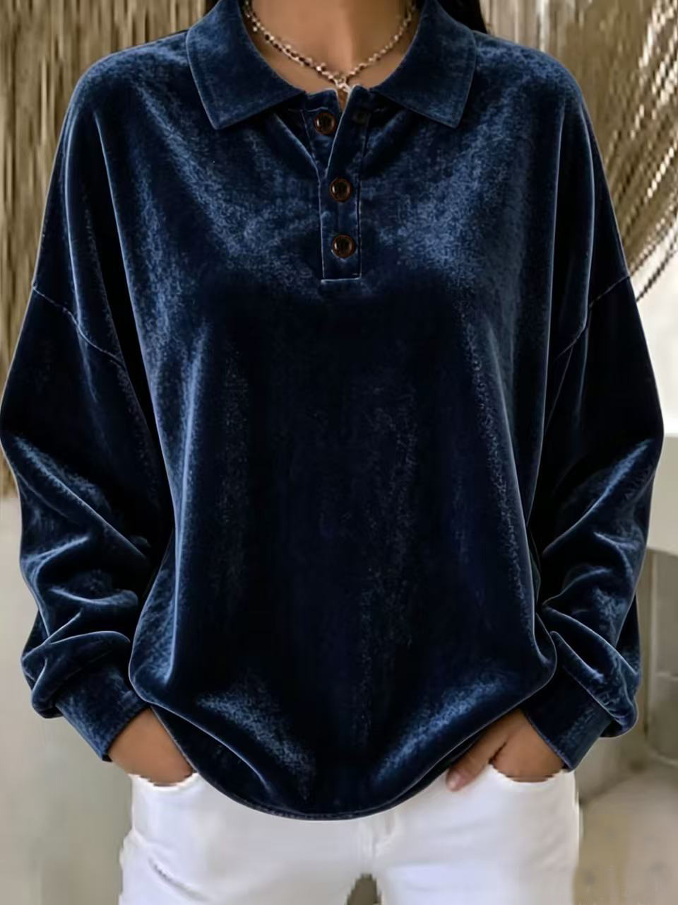Women's Loose Velvet Button-Up Long-Sleeve Sweatshirt
