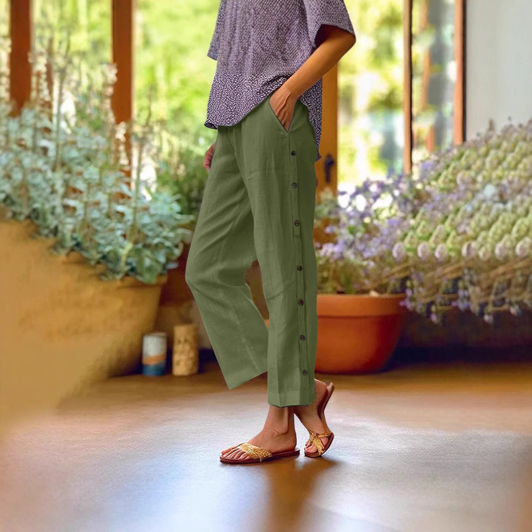 Women's Cotton-Linen Cropped Pants High Waist Loose Side Pocket