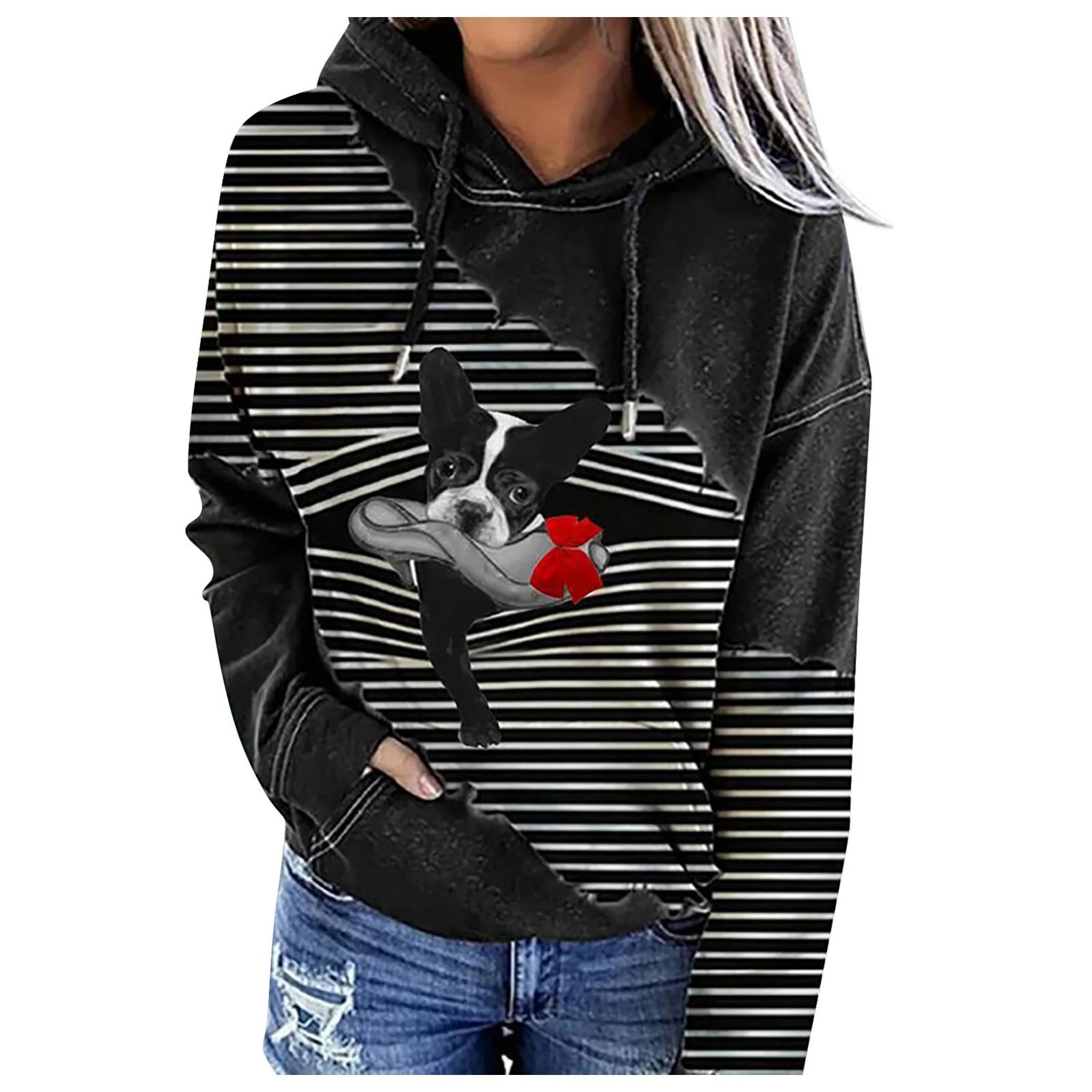 Women's Striped Christmas Dog Print Hooded Sweatshirt