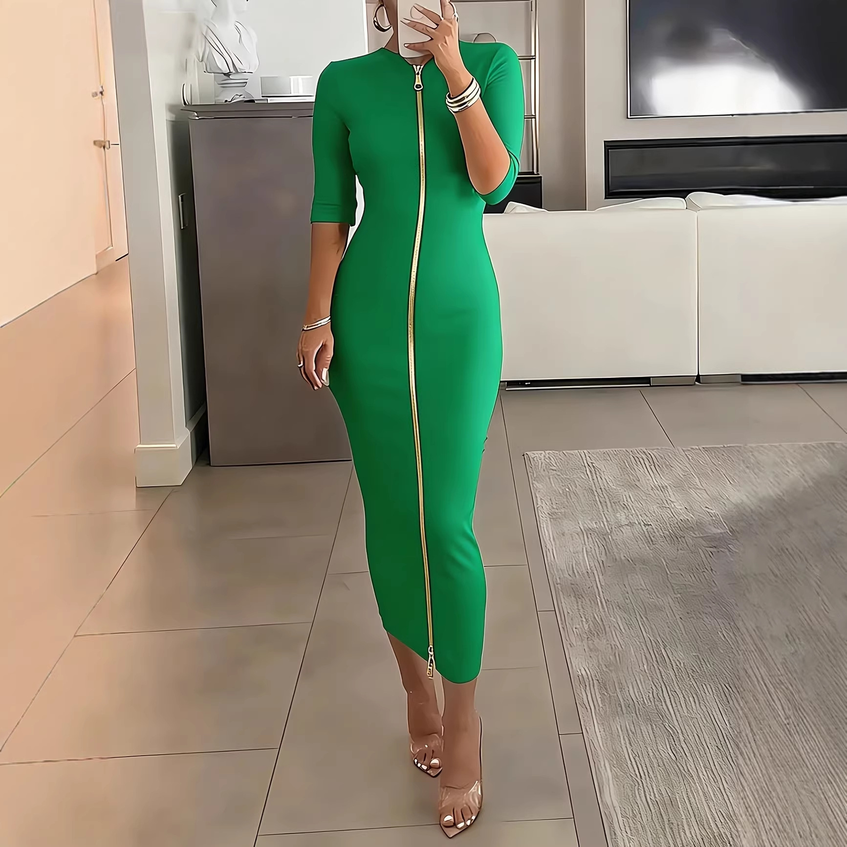 Women's Sexy Bodycon Midi Dress with Zip Short Sleeve