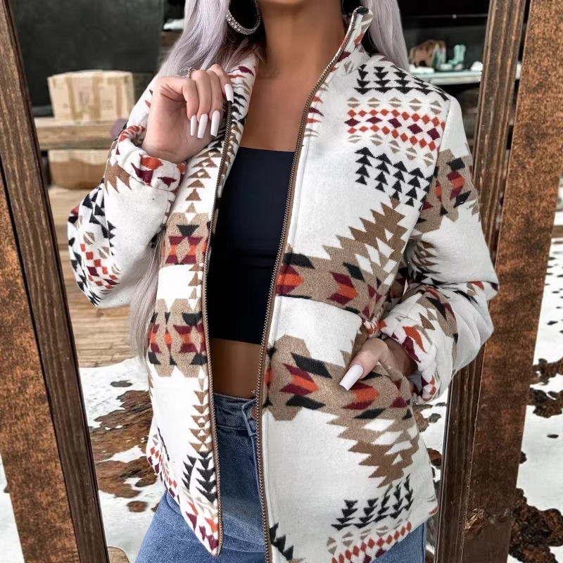 Western Print Zip-Up Cardigan Jacket