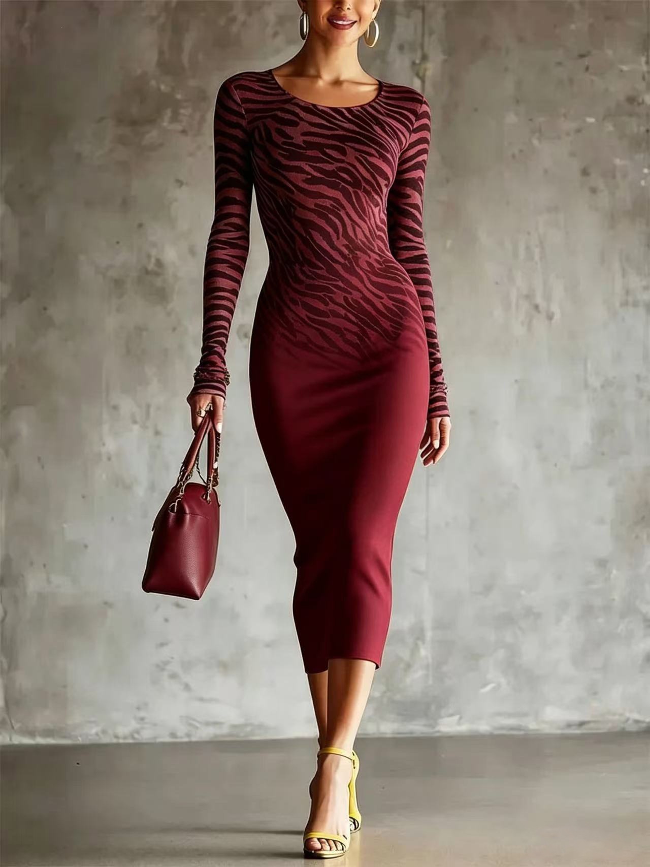 Gradient Zebra Print Long Sleeve Bodycon Midi Dress