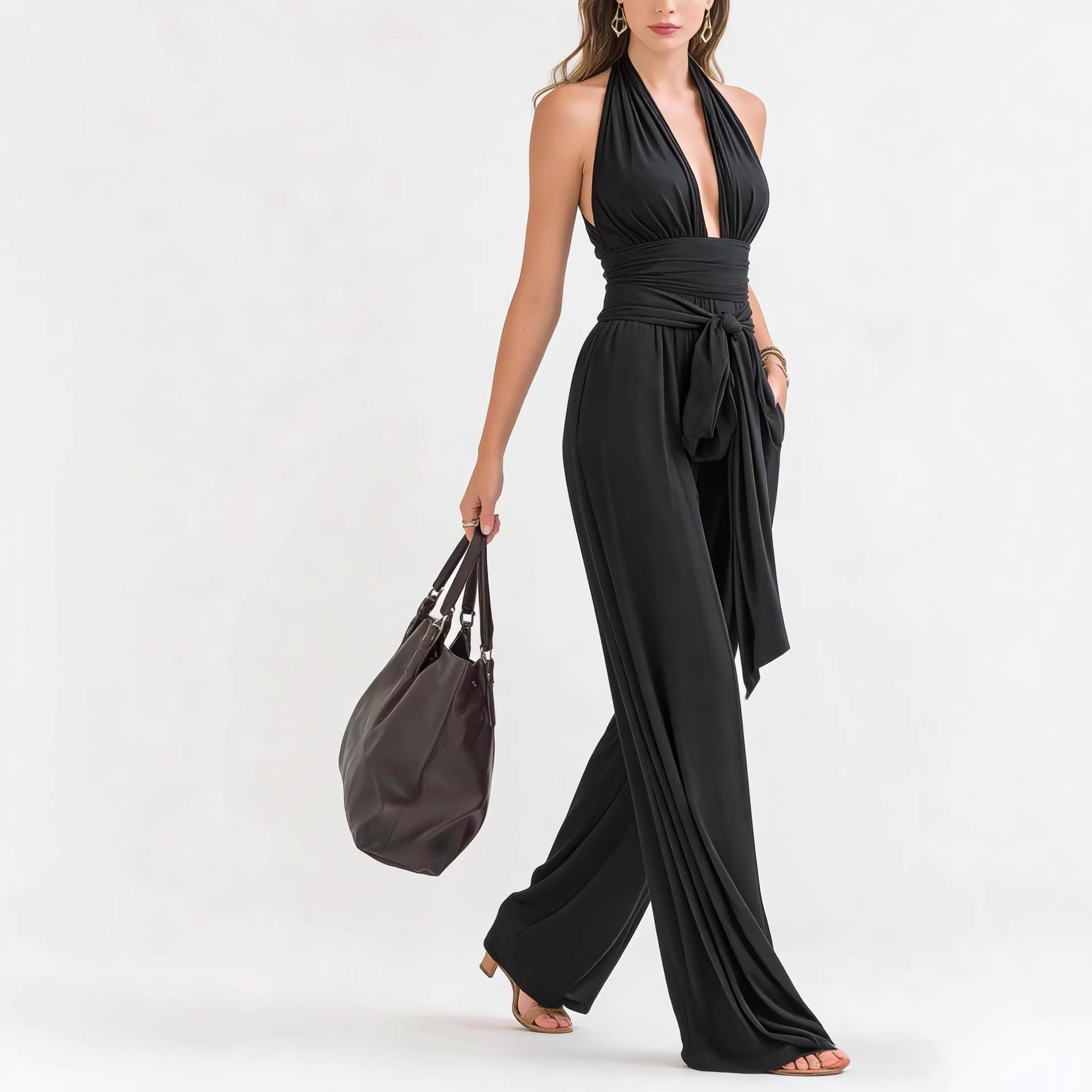 Elegant Halter V-Neck Long Sleeveless Jumpsuit Solid Color