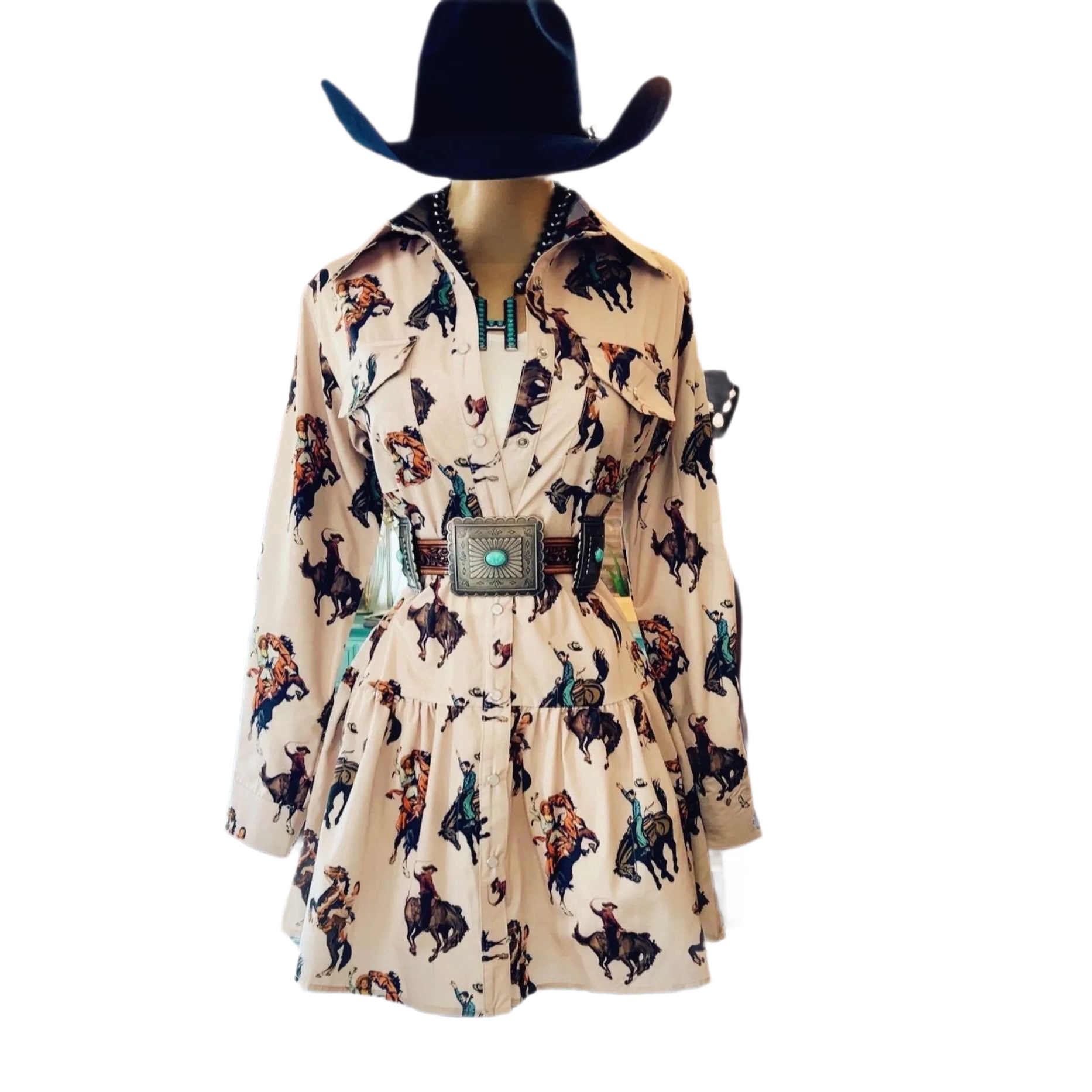 Western Cowboy Print Long Sleeve Shirt Dress with Waist Tie and Ruffle Hem