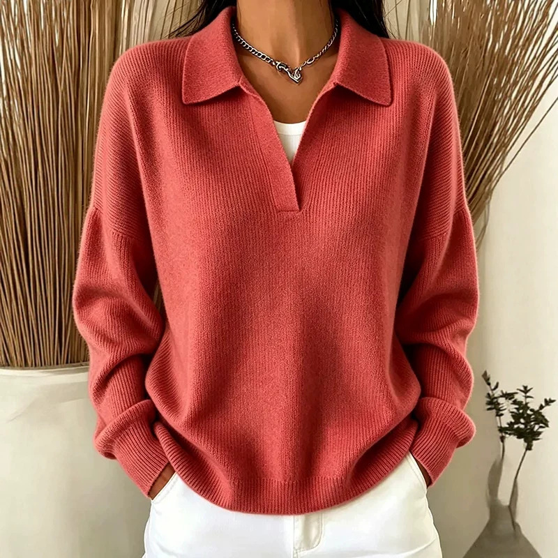 Ribbed Knit Polo Sweater with Collar, Loose V-Neck Pullover, Casual Slimming Fit