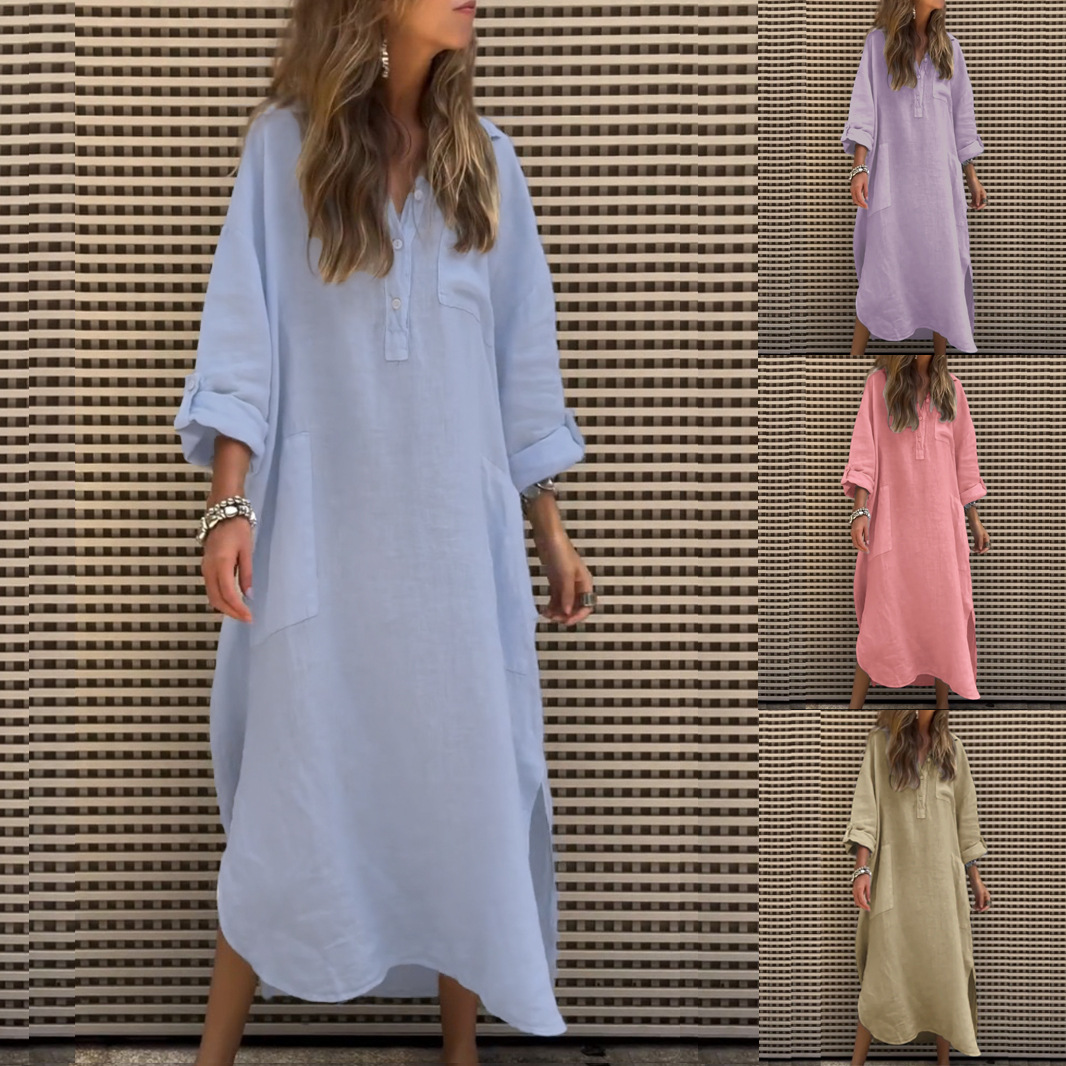 Women's Summer Slit Shirt Dress Solid Color Button-Down Midi Dress