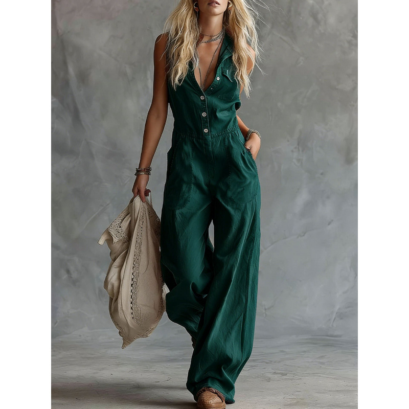 Sleeveless Button-Front V-Neck Wide-Leg Jumpsuit