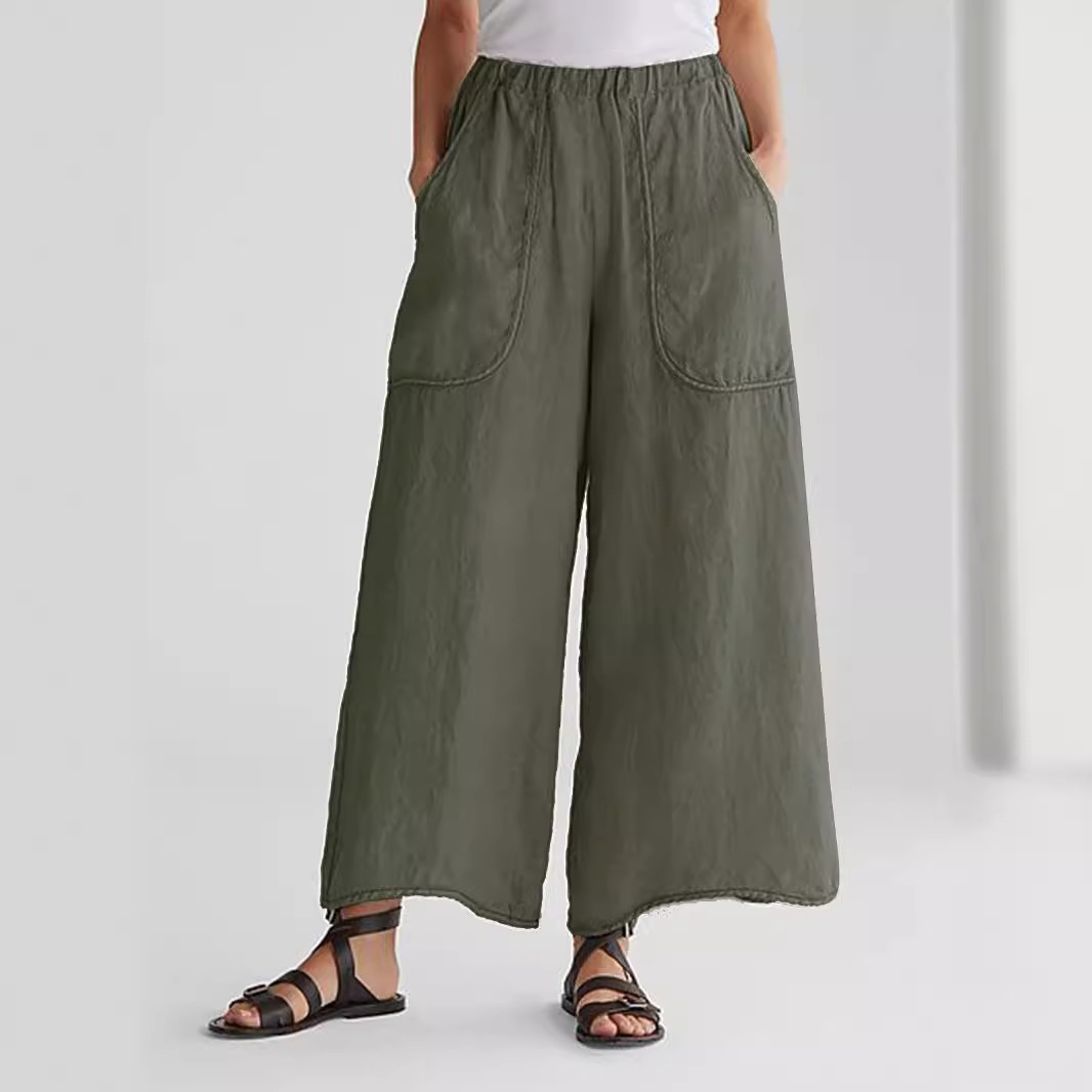 Cotton-Linen Wide-Leg Cropped Pants with Pockets