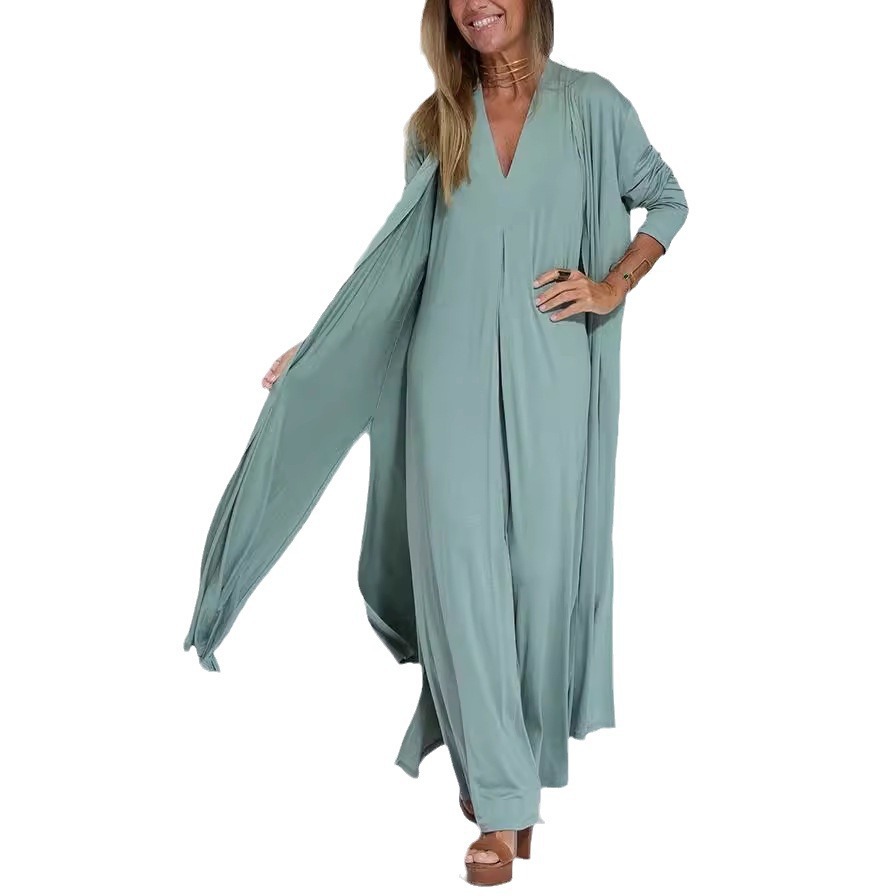 Solid V-Neck Sleeveless Dress and Cardigan Set