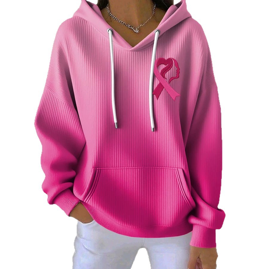 Women's Ribbed Knit Cartoon Print Hooded Long Sleeve Sweatshirt
