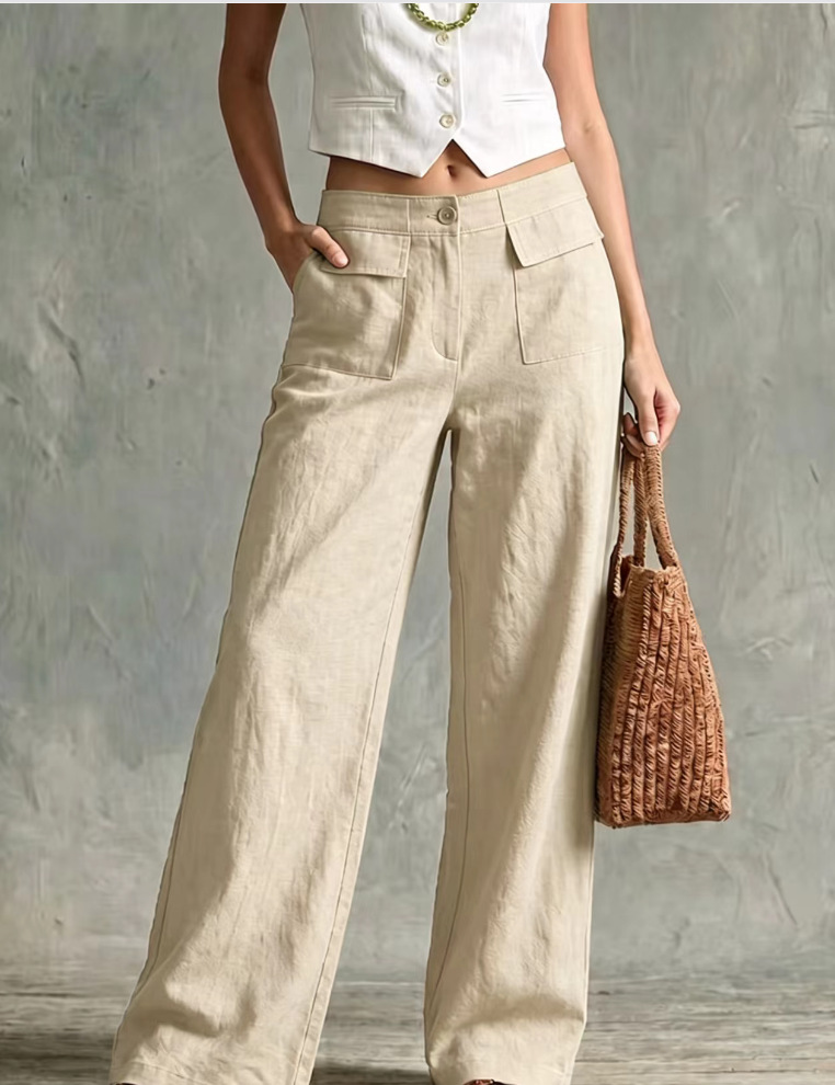 Women's High-Waist Wide-Leg Cotton-Blend Casual Pants