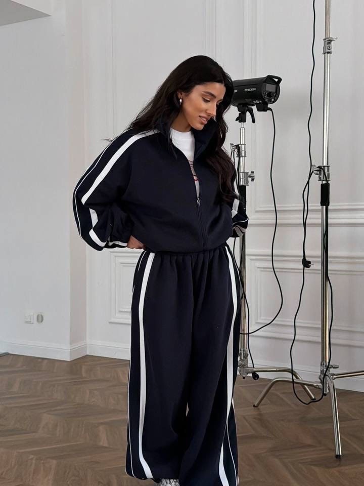 Oversize Stand Collar Tracksuit for Women Full-Zip Loose Jacket & High-Waist Wide-Leg Sweatpants 2-Piece Set
