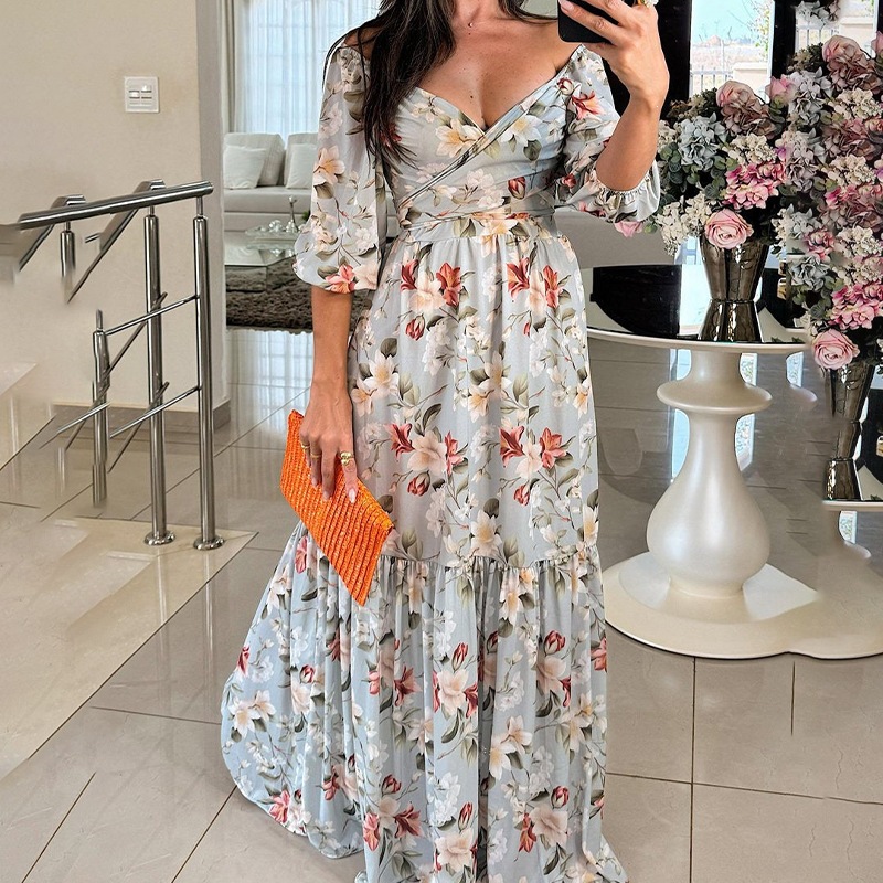 Women's Pleated Floral Print Maxi Dress with V-Neck and High Waist