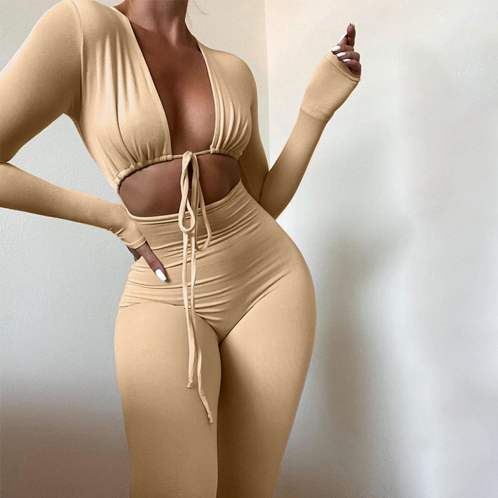 Women's Solid Color Lace-Up Cutout Long Sleeve Bodycon Jumpsuit