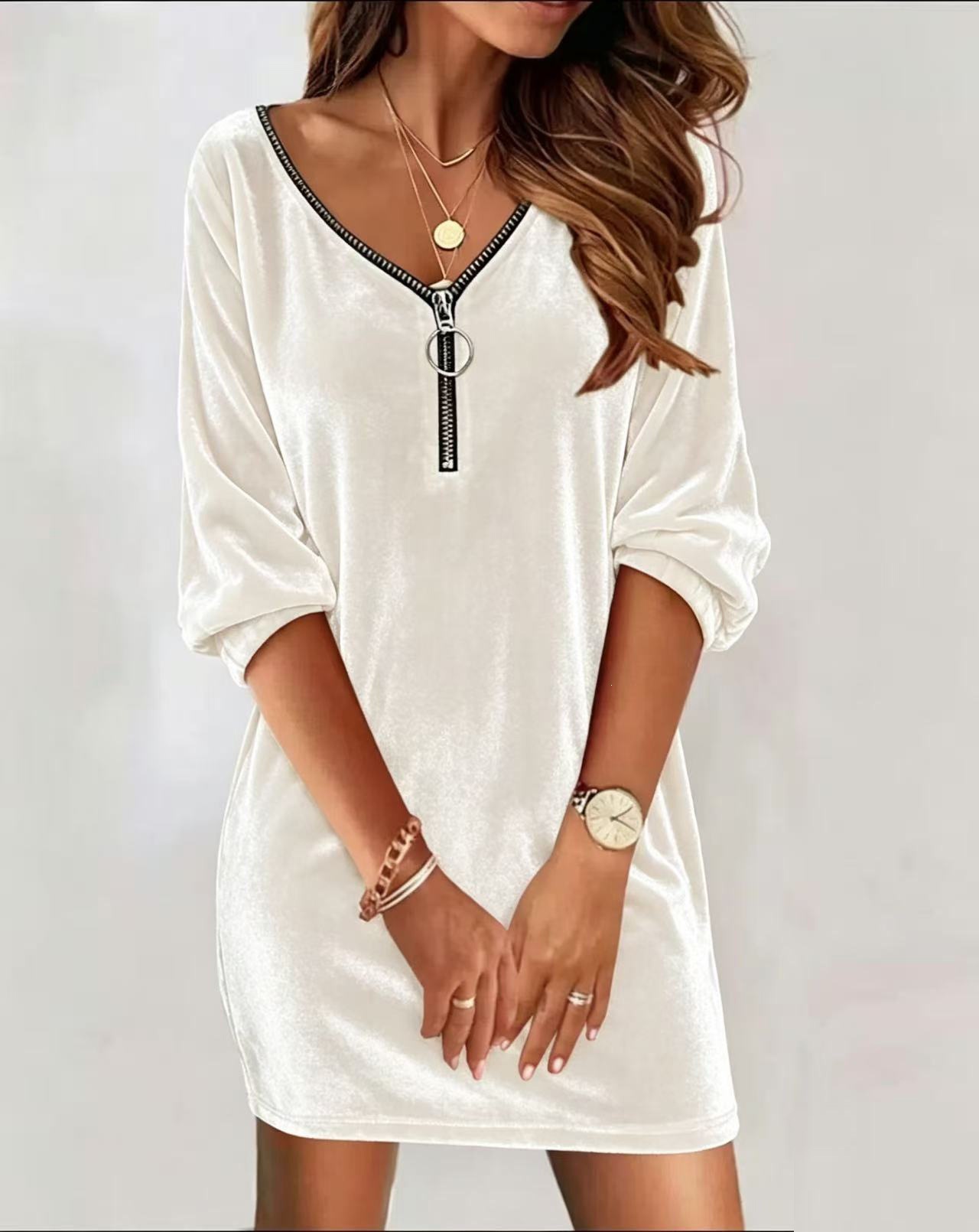 Women's Velvet V-Neck Zip Long Sleeve Midi Dress