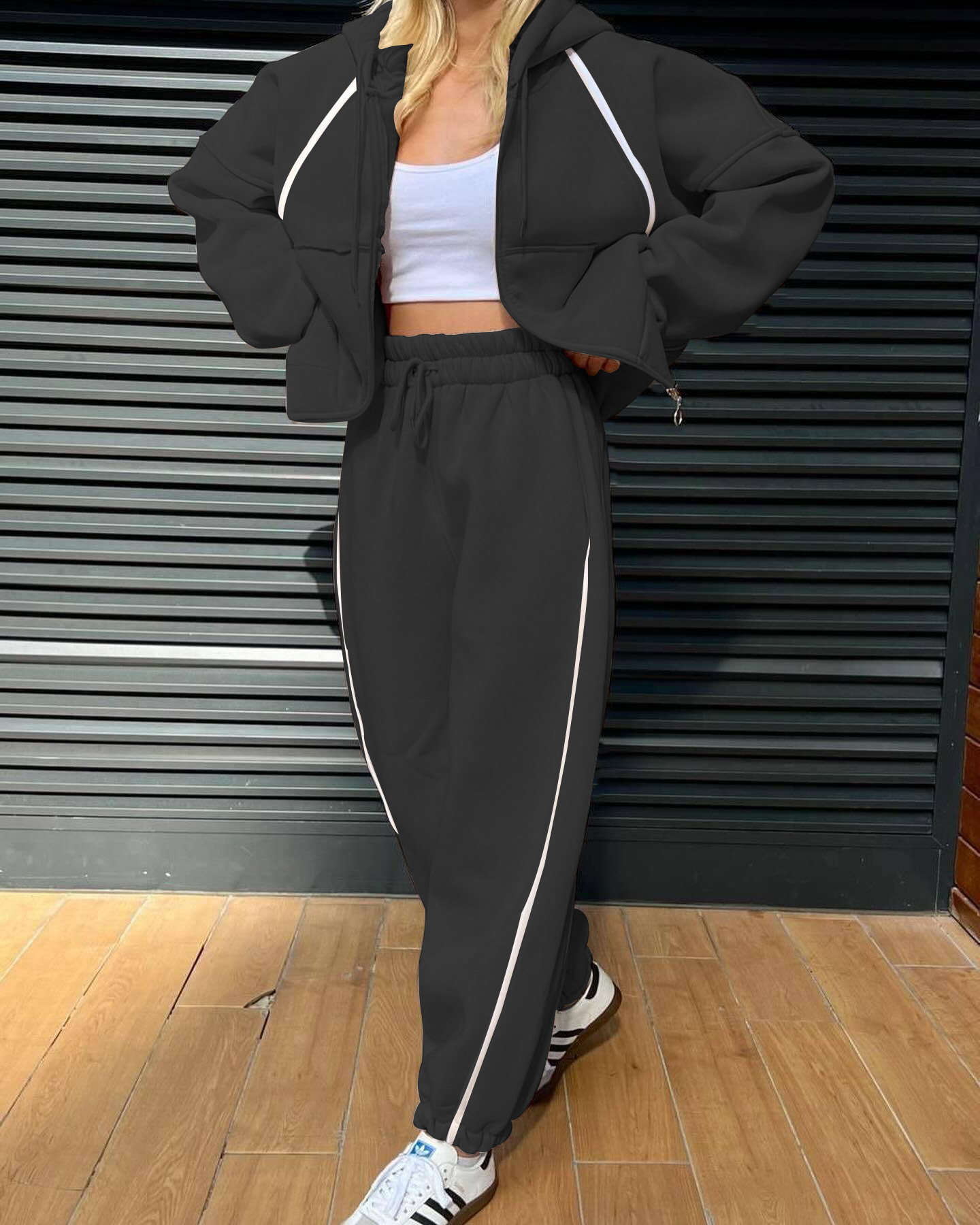 Women's Striped Hooded Cardigan and Pants Set Casual Sporty Two-Piece
