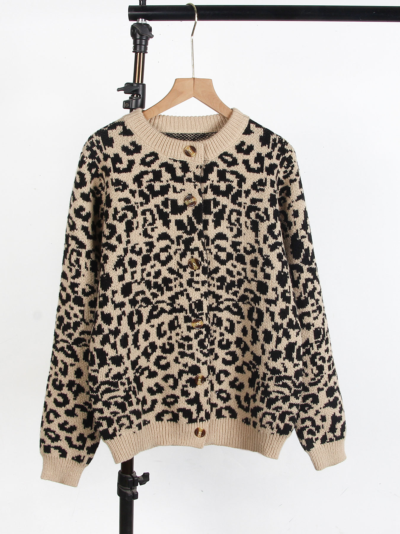 Women's Leopard Print Knit Cardigan Sweater Loose Crew Neck Long Sleeve