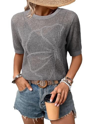 Women's Summer Round Neck Short Sleeve Openwork Floral Knit Top