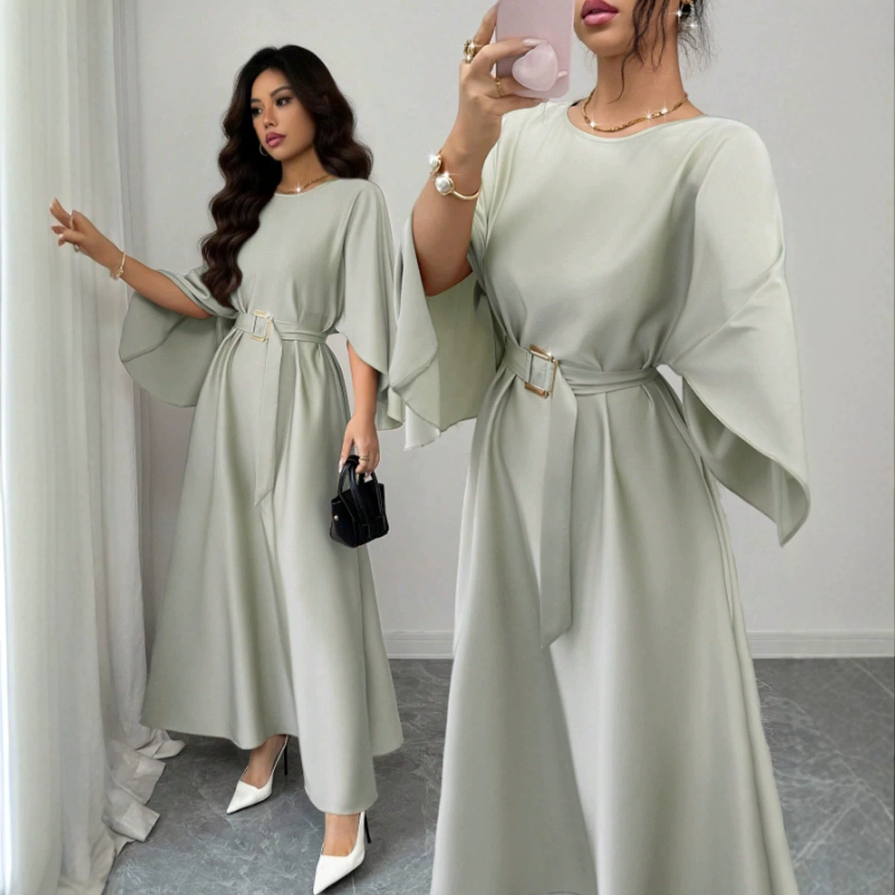 Women's Round Neck Tie-Waist Long Dress with Batwing Sleeves Solid Color