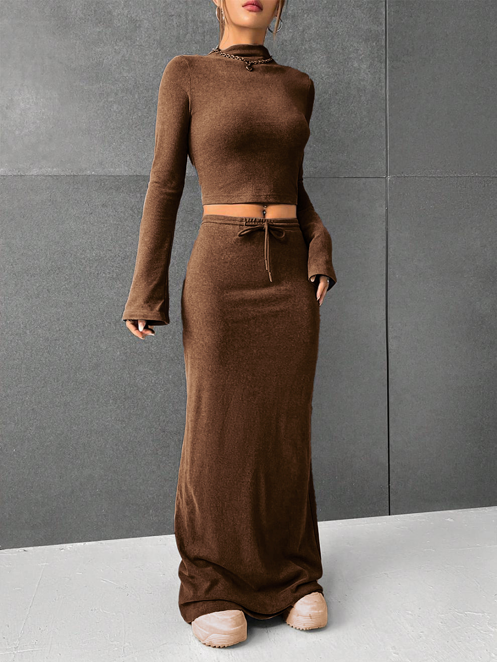 Solid Color Long Sleeve Top and Long Pants Two-Piece Set