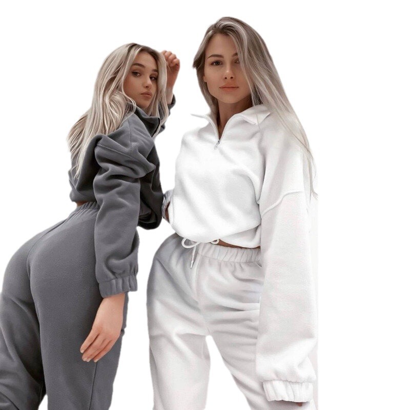 Women's Casual Loose Zip-Up Stand Collar Sweatshirt Two-Piece Set