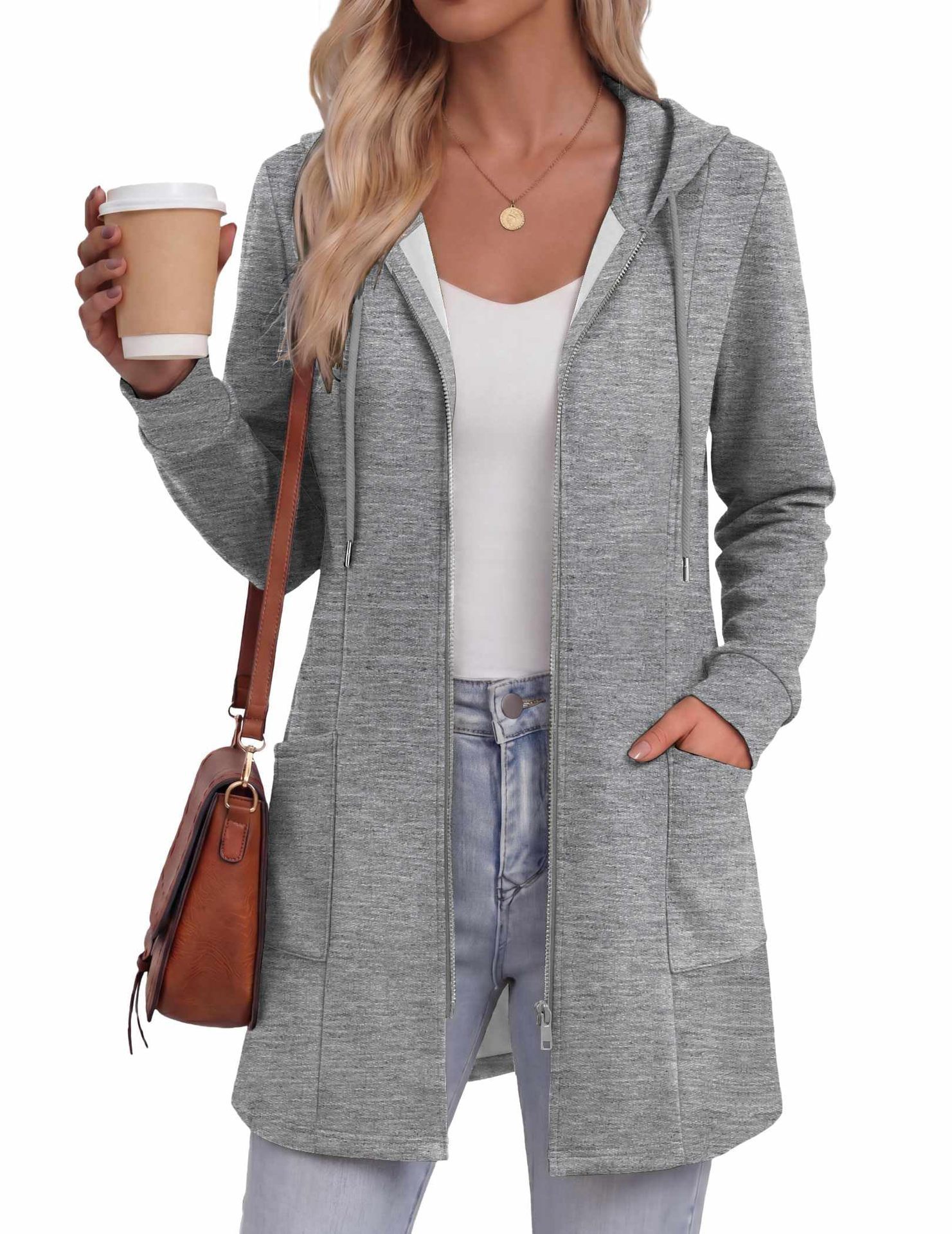 Women's Solid Color Mid-Length Zip-Up Hoodie Casual Sweatshirt Jacket