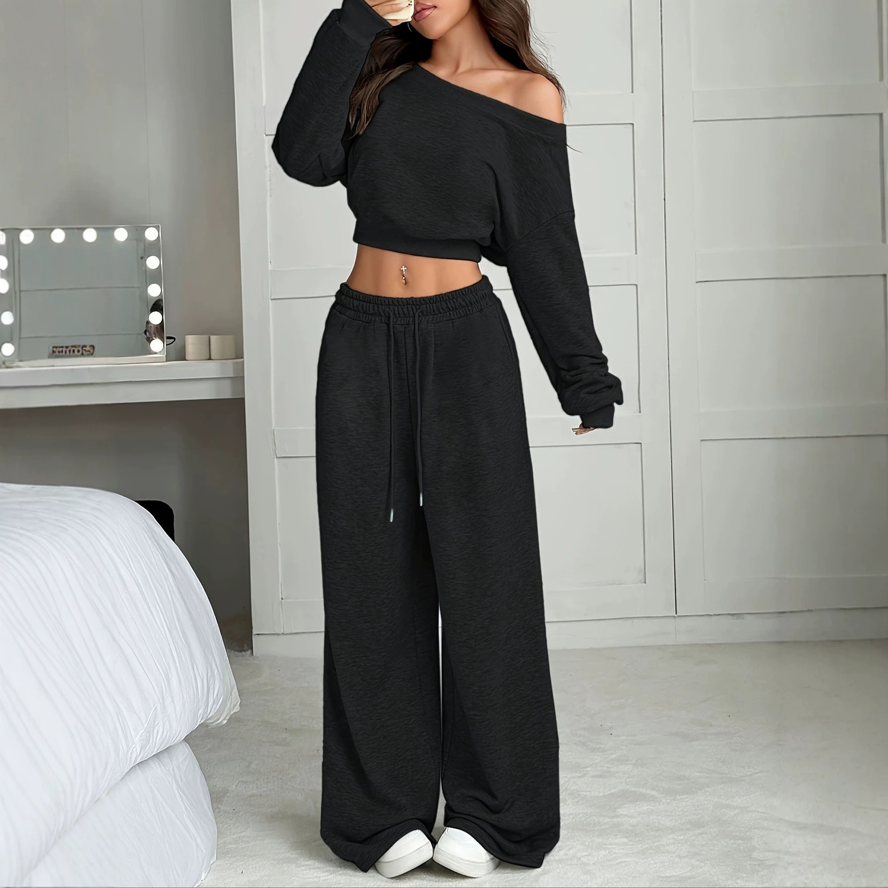 Off-Shoulder Fleece-Lined Two-Piece Sweatsuit Set