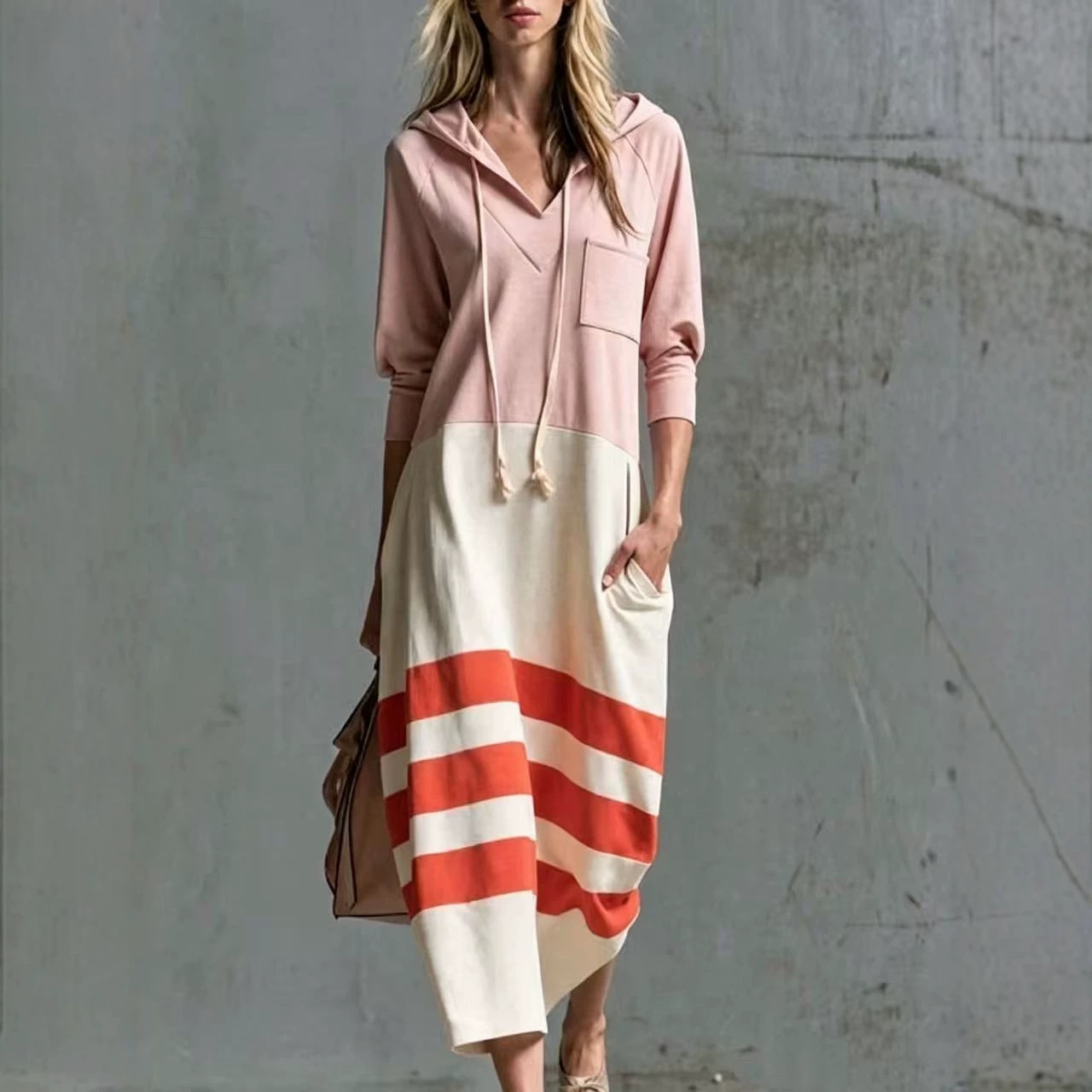 Women's Casual Color-Block Striped Hooded Sweatshirt Dress Loose 3/4 Sleeve A-Line Midi