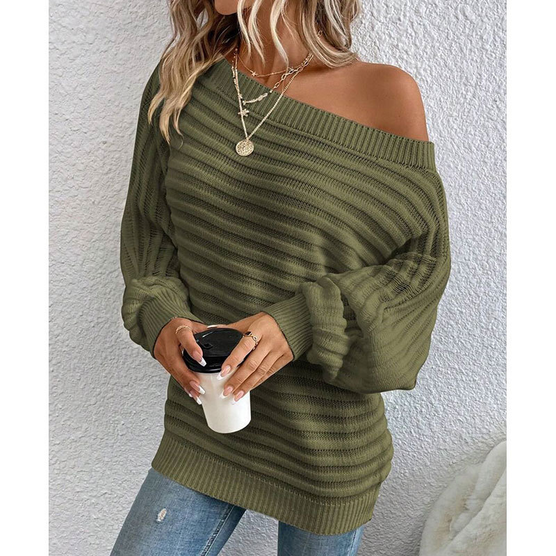 Women's Solid Ribbed Boat Neck Batwing Sleeve Knit Sweater