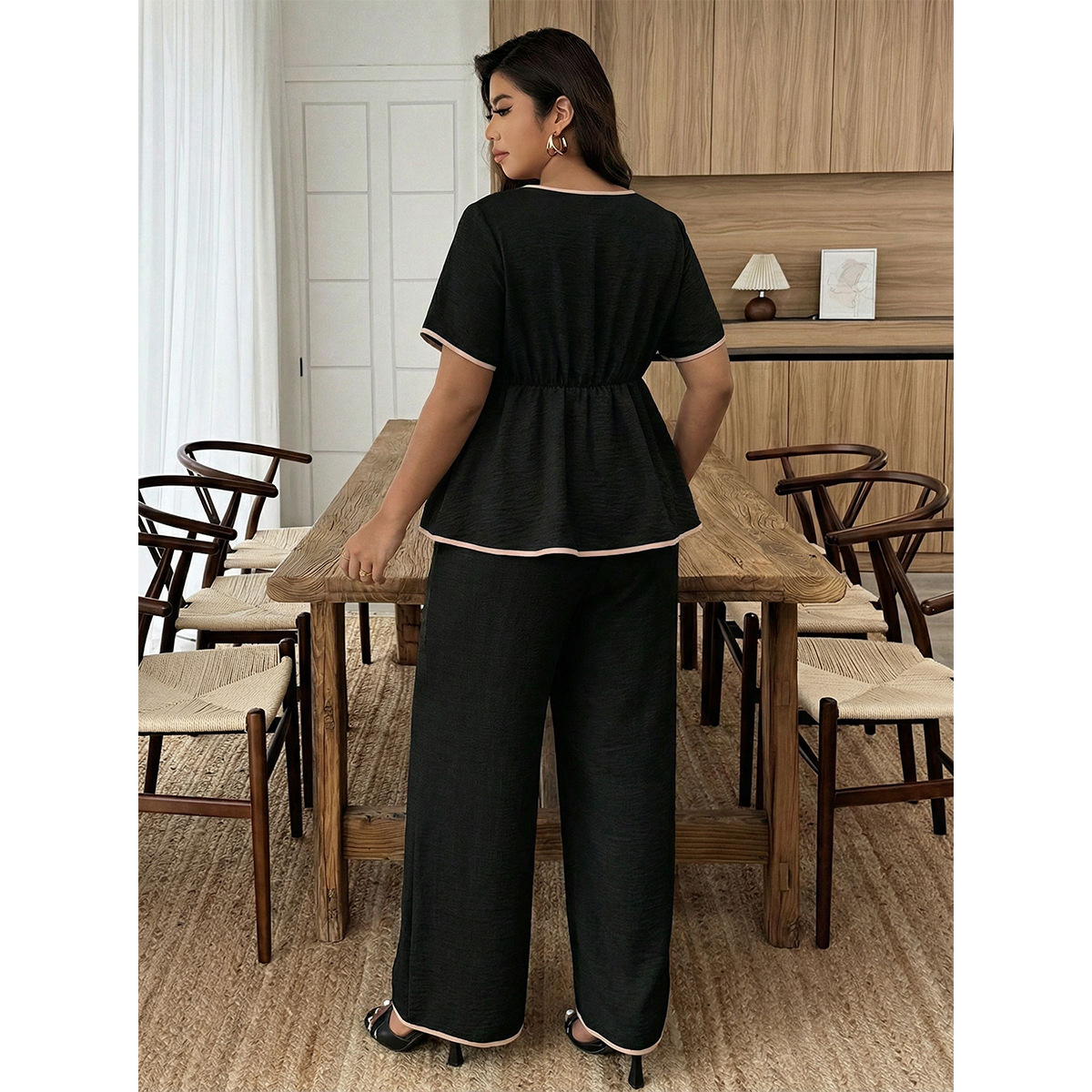 Women's Summer Black Square-Neck Peplum Top & Wide-Leg Pants Set