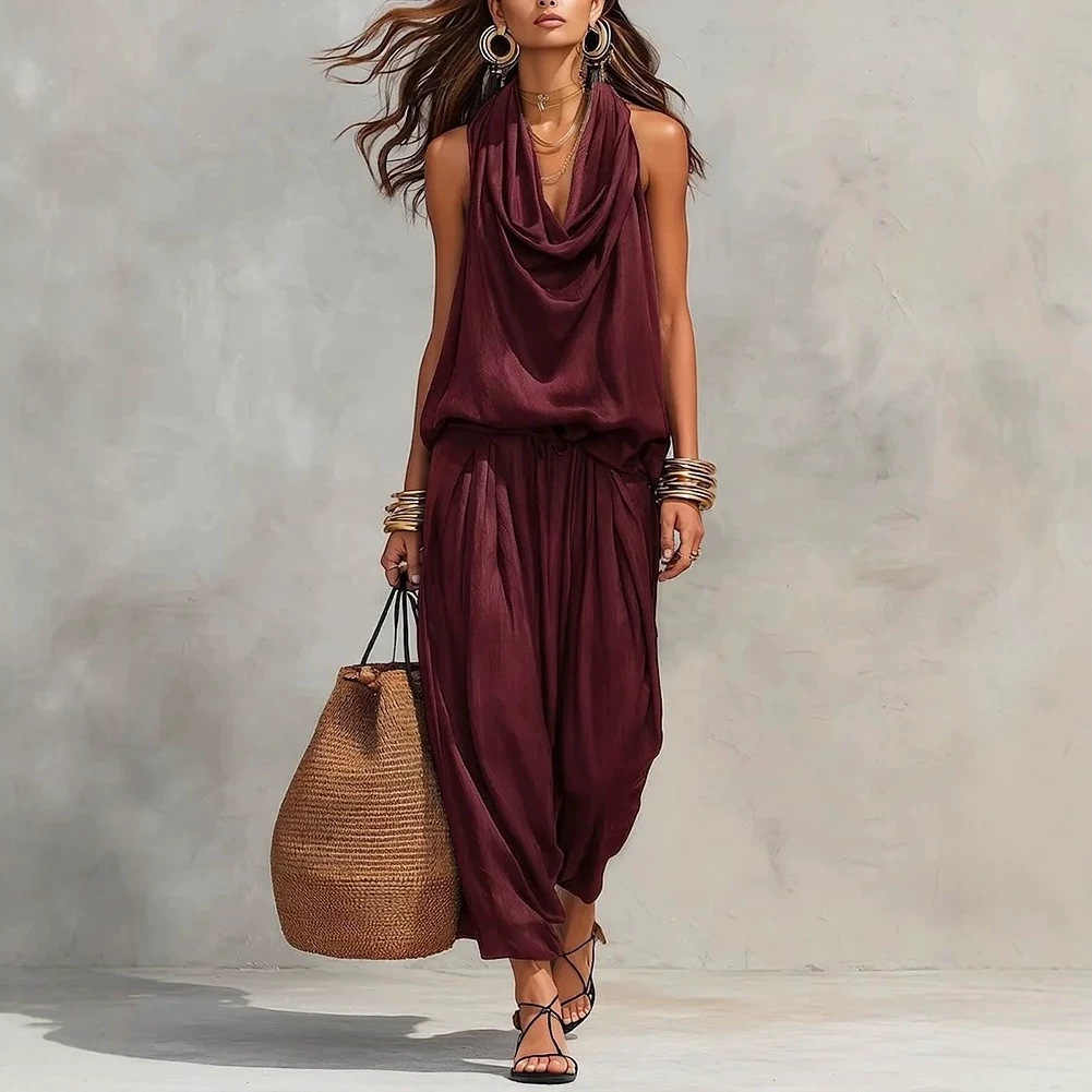 Sleeveless Cowl Neck Tank Top & Drapey Pants Set
