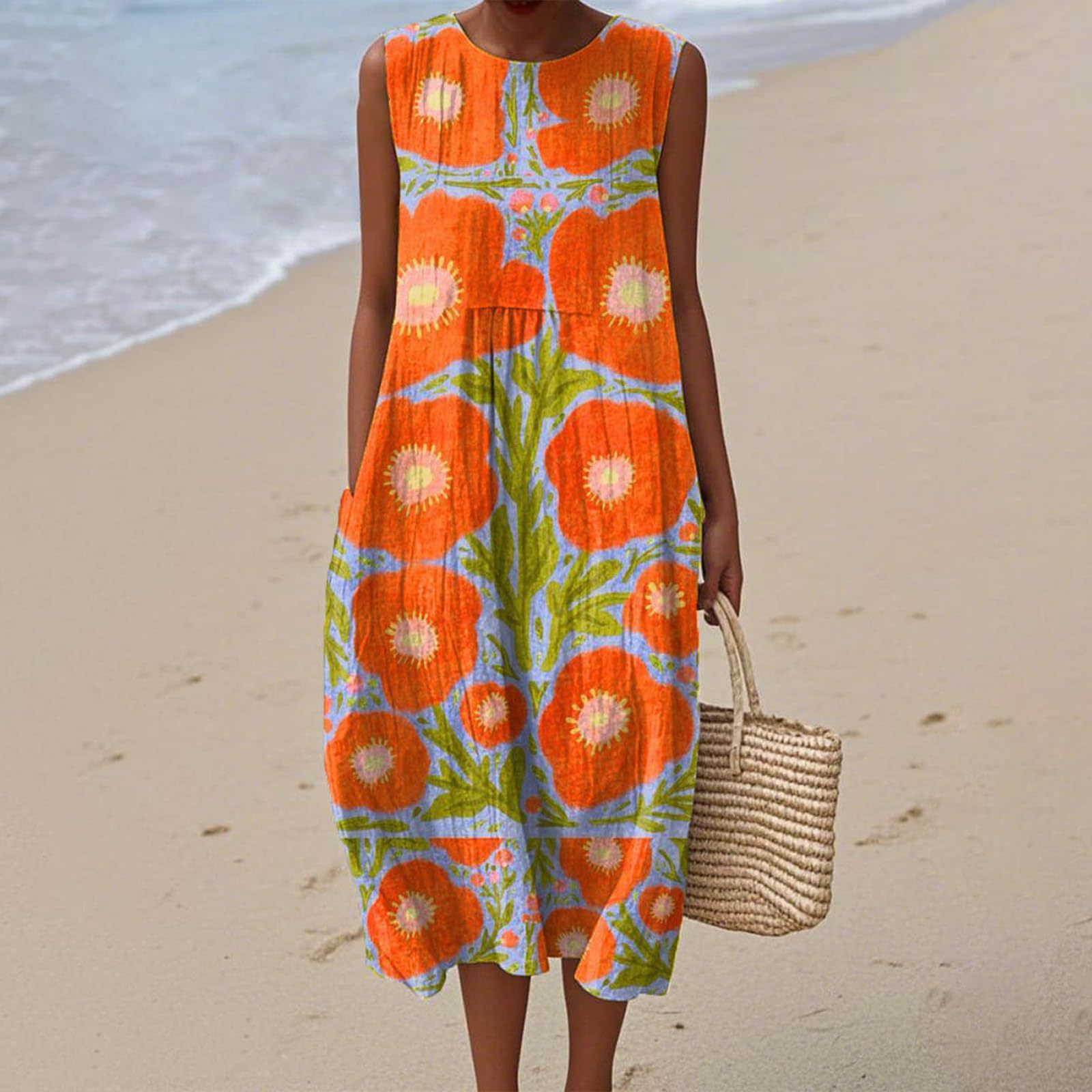 Women's Vintage Floral Print Midi Dress Sleeveless Round Neck Slim Fit
