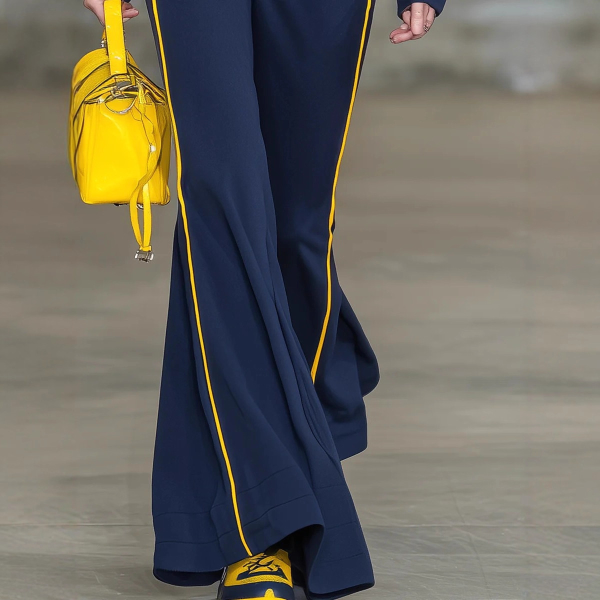 Blue Hooded Top and Flared Pants Set with Yellow Trim