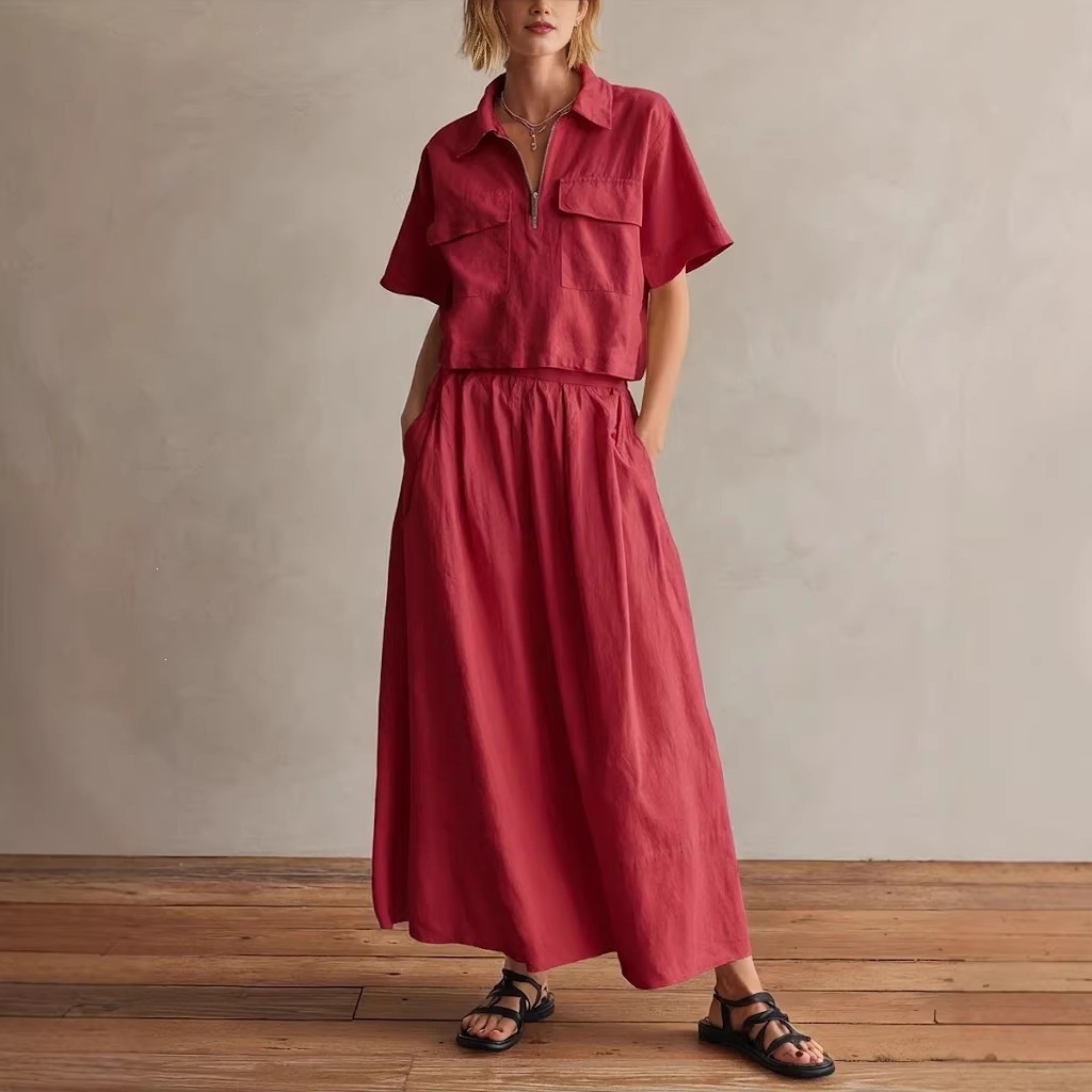 Women's Casual Solid Color Collared Short Sleeve Shirt and Long Skirt Set