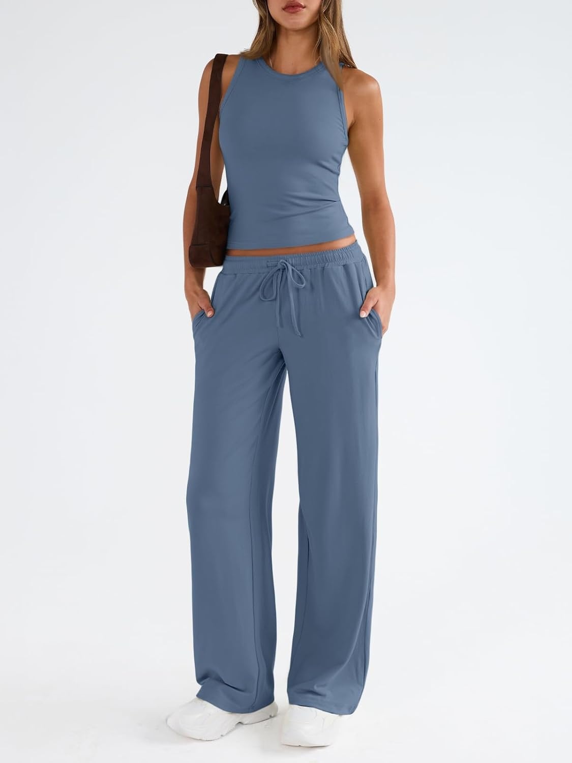Solid Sleeveless Tank Top and High-Waist Wide-Leg Pants Set