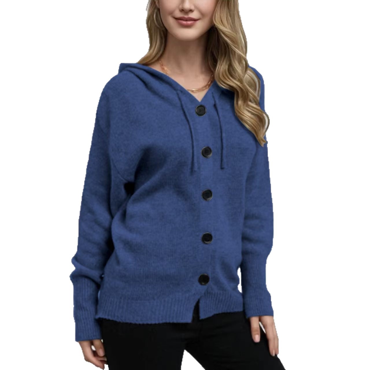 Women's Hooded Button-Front Cardigan Sweater V-Neck Solid Knit