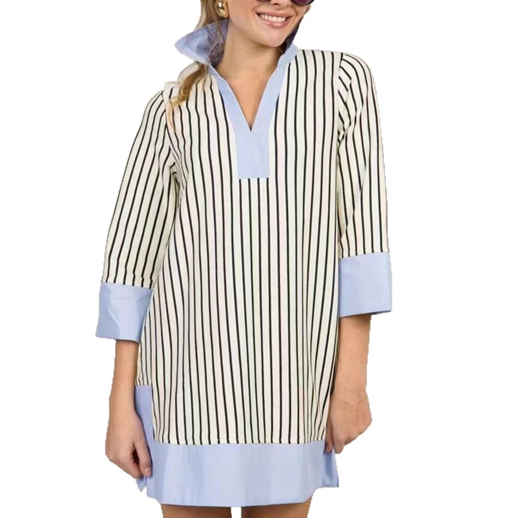 Women's Blue Striped Polo Neck A-Line Midi Dress Long Sleeve Colorblock