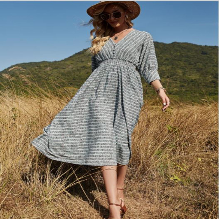 V-Neck Striped Midi Dress Casual High Waist
