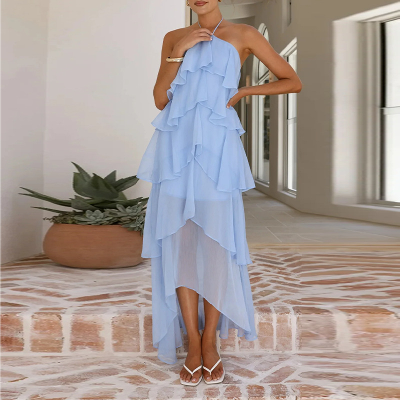 Women's Summer Halter Neck Solid Color Tiered Ruffle Dress