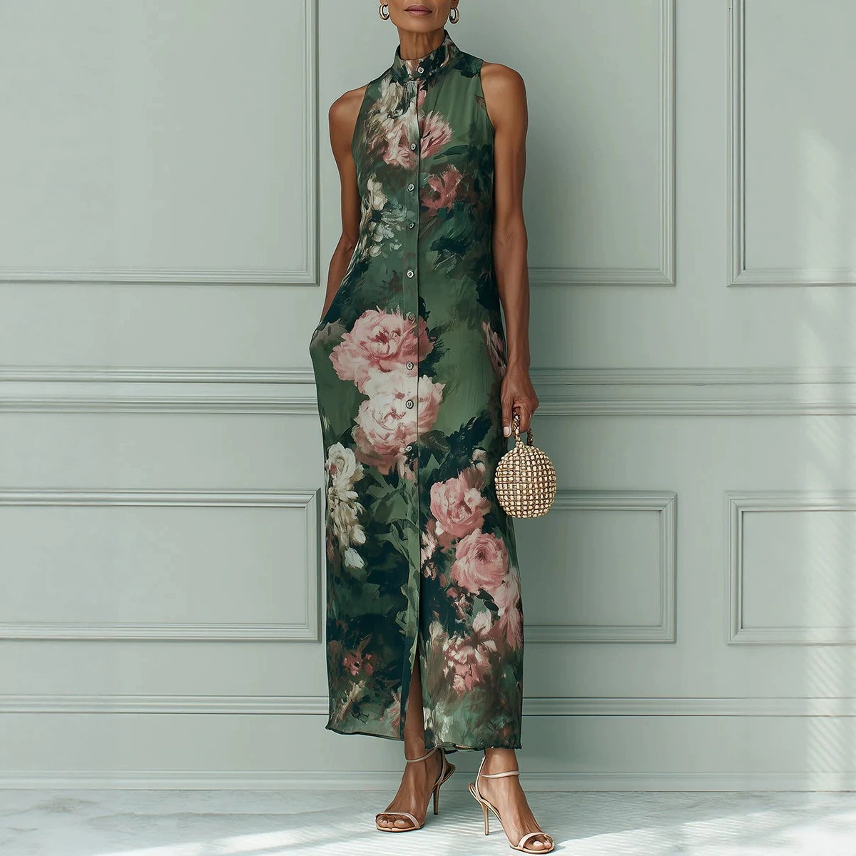 Vintage Dark Green Oil Painting Floral Halter Sleeveless Dress Button Slit Long