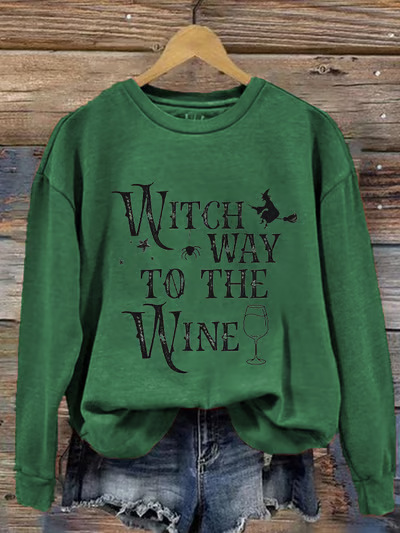 Women's Halloween Witch Wine Glass Print Crewneck Sweatshirt