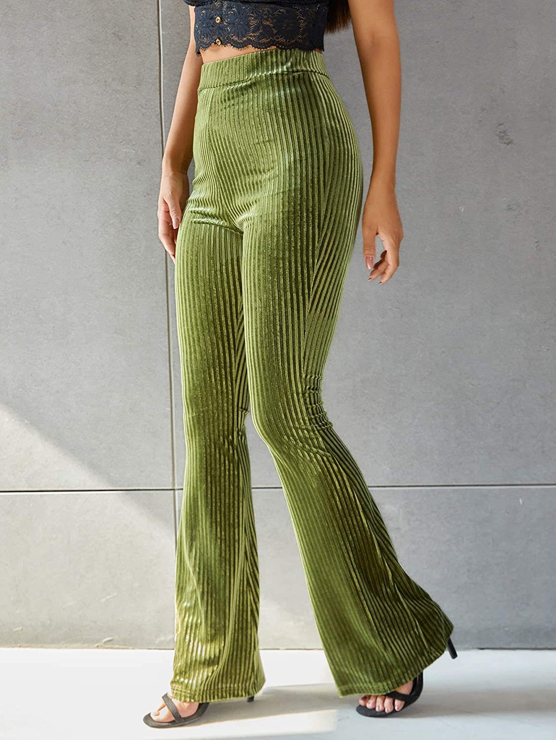 Women's High-Waist Velvet Ribbed Flare Pants