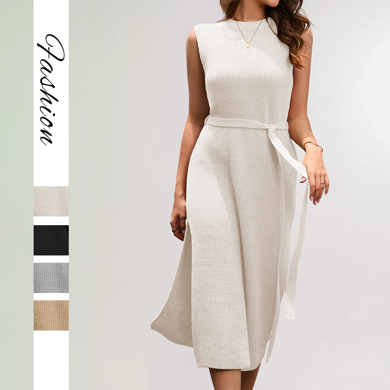 Solid Knit A-Line Midi Dress with Slit