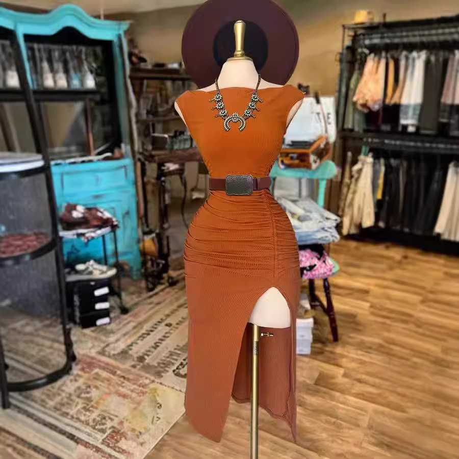 Women's Ribbed Knit Off-Shoulder Bodycon Midi Dress