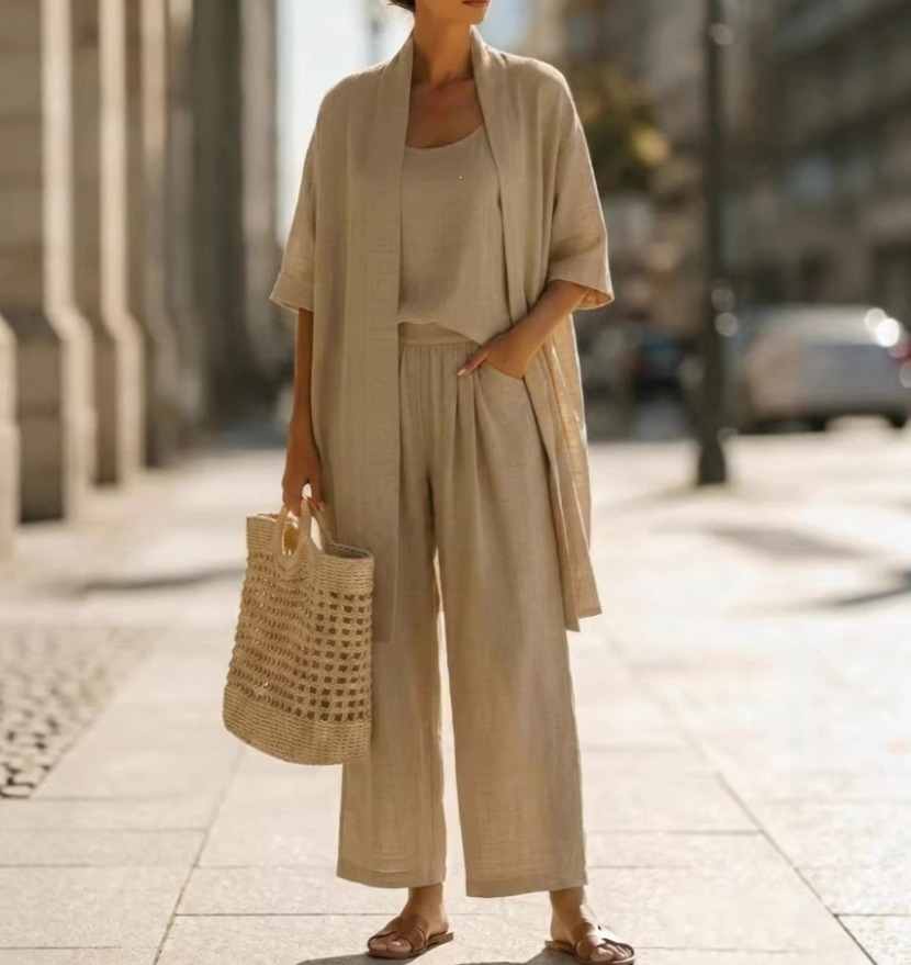 Women's Summer Breathable Linen 3-Piece Set White Cardigan Cami Wide-Leg Pants